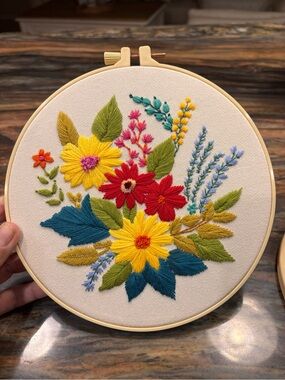 Hand-Embroidered 8”Floral Yellow,Red,Teal,Green flowers to brighten any space